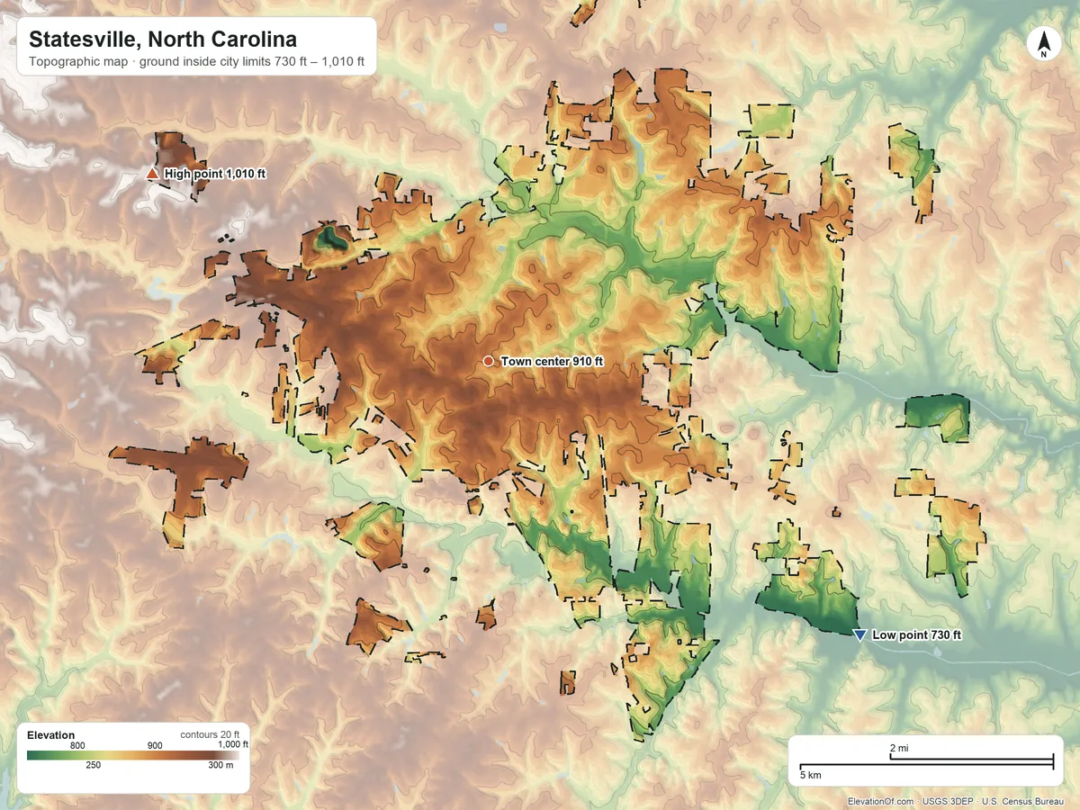 Topographic elevation map of Statesville, North Carolina, shaded from 730 ft on the southeast side to 1,010 ft on the northwest side