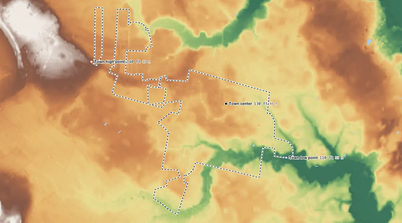 Topographic elevation map of Stedman, North Carolina, shaded from 110 ft on the southeast side to 140 ft on the west side