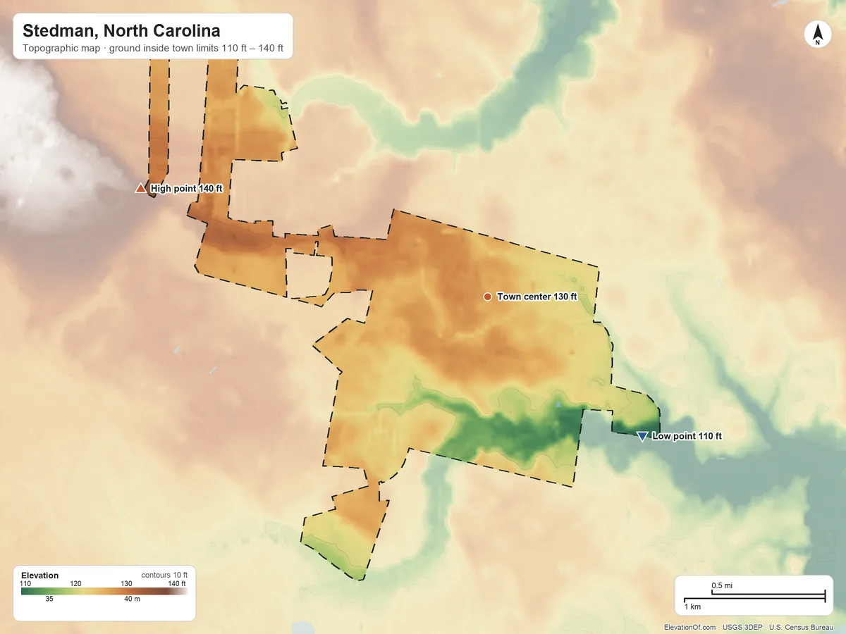 Topographic elevation map of Stedman, North Carolina, shaded from 110 ft on the southeast side to 140 ft on the west side