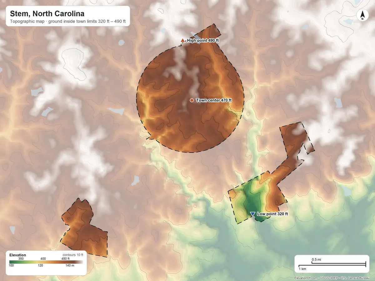 Topographic elevation map of Stem, North Carolina, shaded from 320 ft on the southeast side to 490 ft on the north side