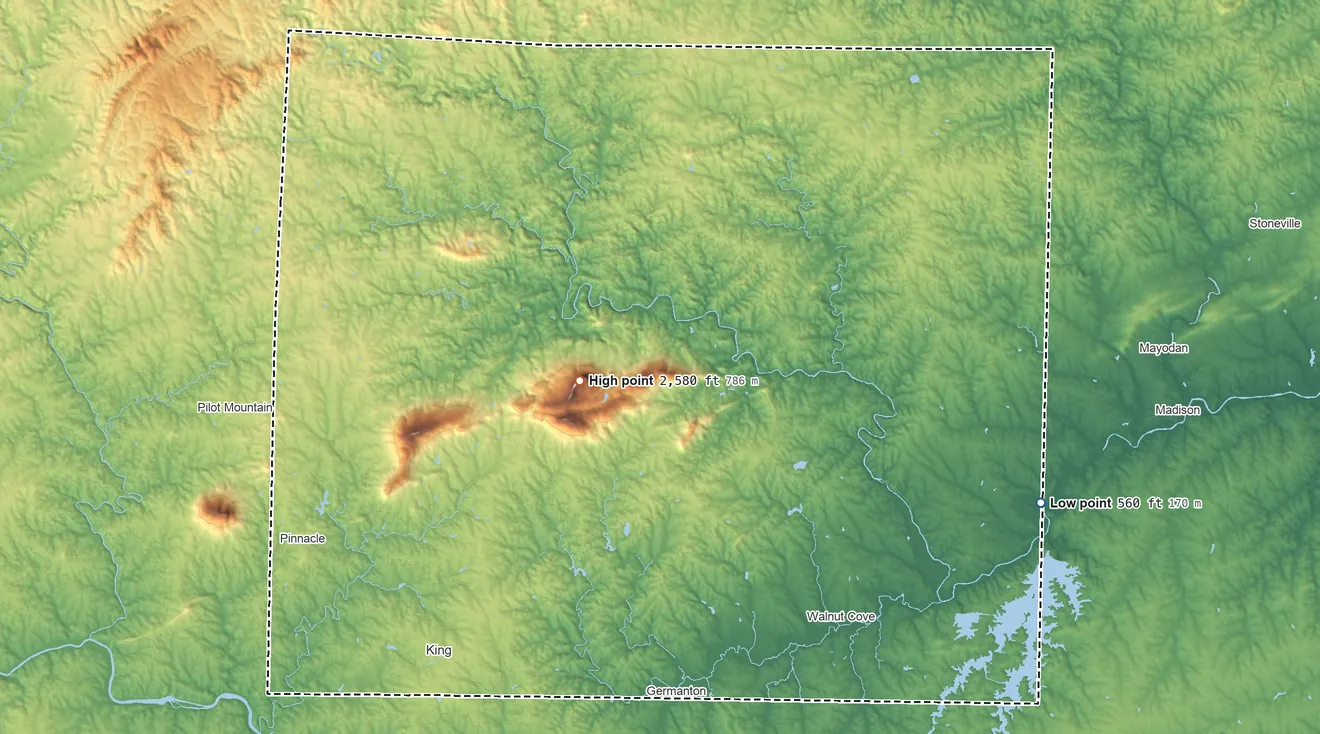 Topographic elevation map of Stokes County, North Carolina, shaded from 560 ft on the east side to 2,580 ft on Moores Knob