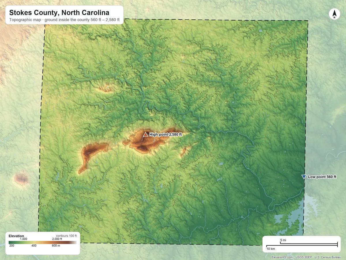 Topographic elevation map of Stokes County, North Carolina, shaded from 560 ft on the east side to 2,580 ft on Moores Knob