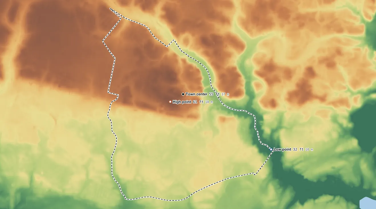 Topographic elevation map of Stokes, North Carolina, shaded from 32 ft on the southeast side to 61 ft near the middle