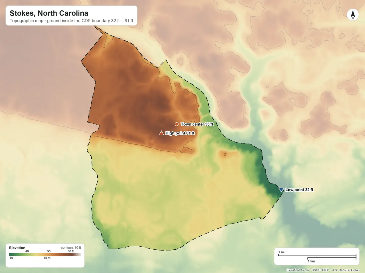 Topographic elevation map of Stokes, North Carolina, shaded from 32 ft on the southeast side to 61 ft near the middle