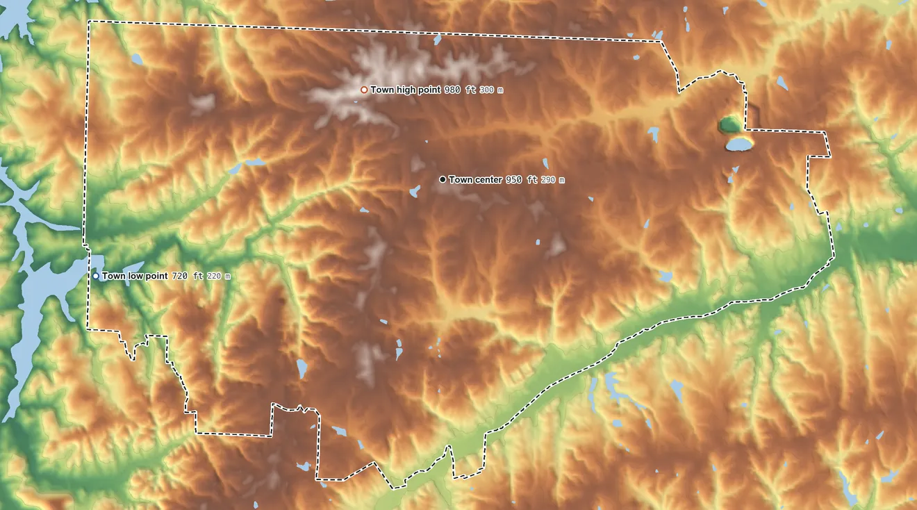 Topographic elevation map of Stokesdale, North Carolina, shaded from 720 ft on the west side to 980 ft on the northwest side