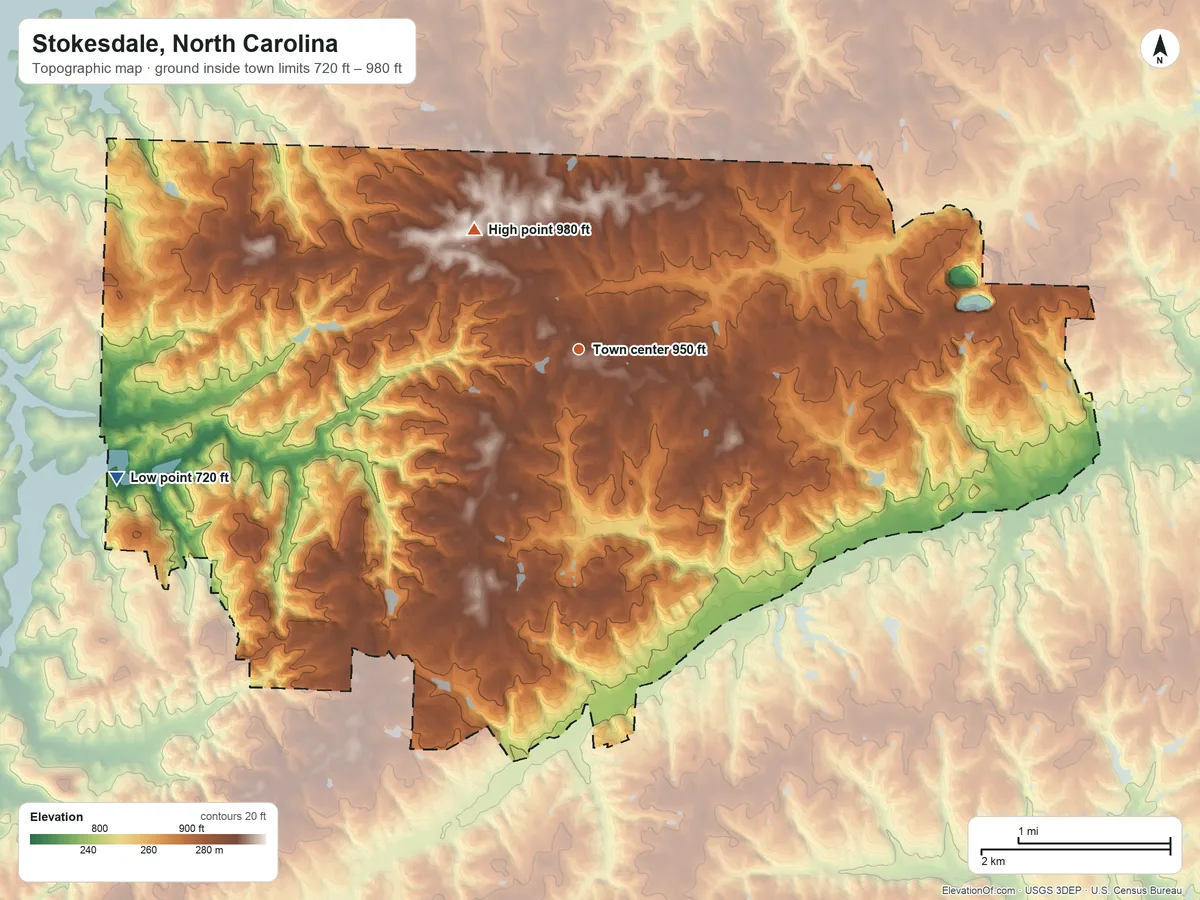 Topographic elevation map of Stokesdale, North Carolina, shaded from 720 ft on the west side to 980 ft on the northwest side