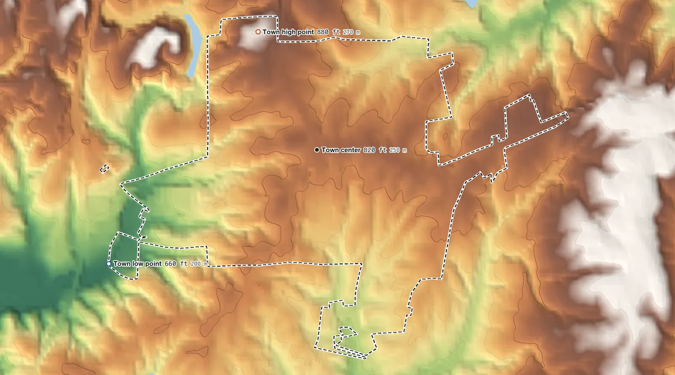 Topographic elevation map of Stoneville, North Carolina, shaded from 660 ft on the southwest side to 880 ft on the northwest side