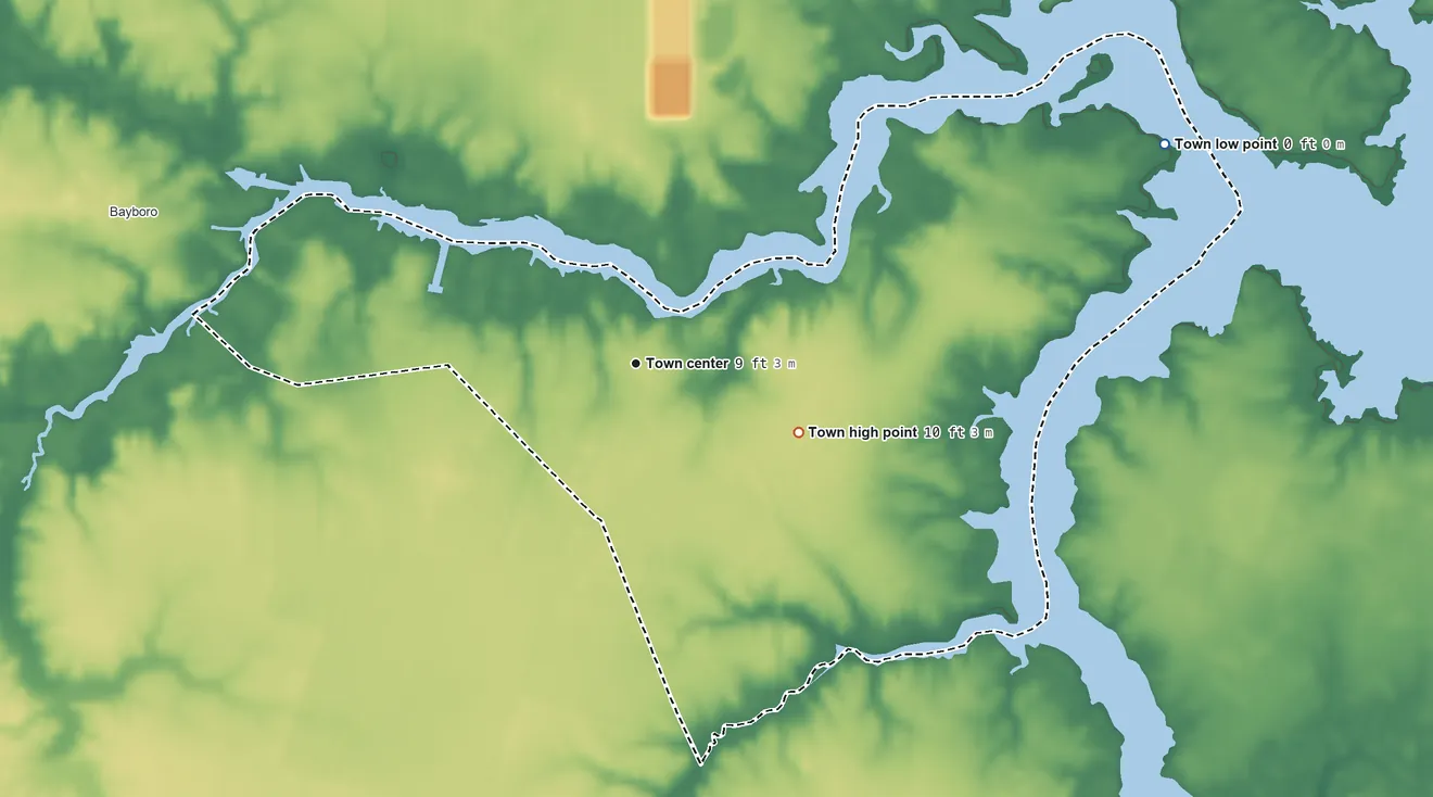 Topographic elevation map of Stonewall, North Carolina, shaded from sea level level on Swindell Bay to 10 ft on the southeast side