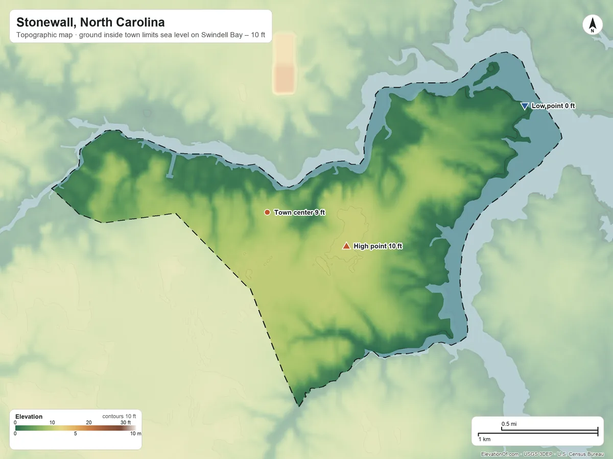 Topographic elevation map of Stonewall, North Carolina, shaded from sea level level on Swindell Bay to 10 ft on the southeast side