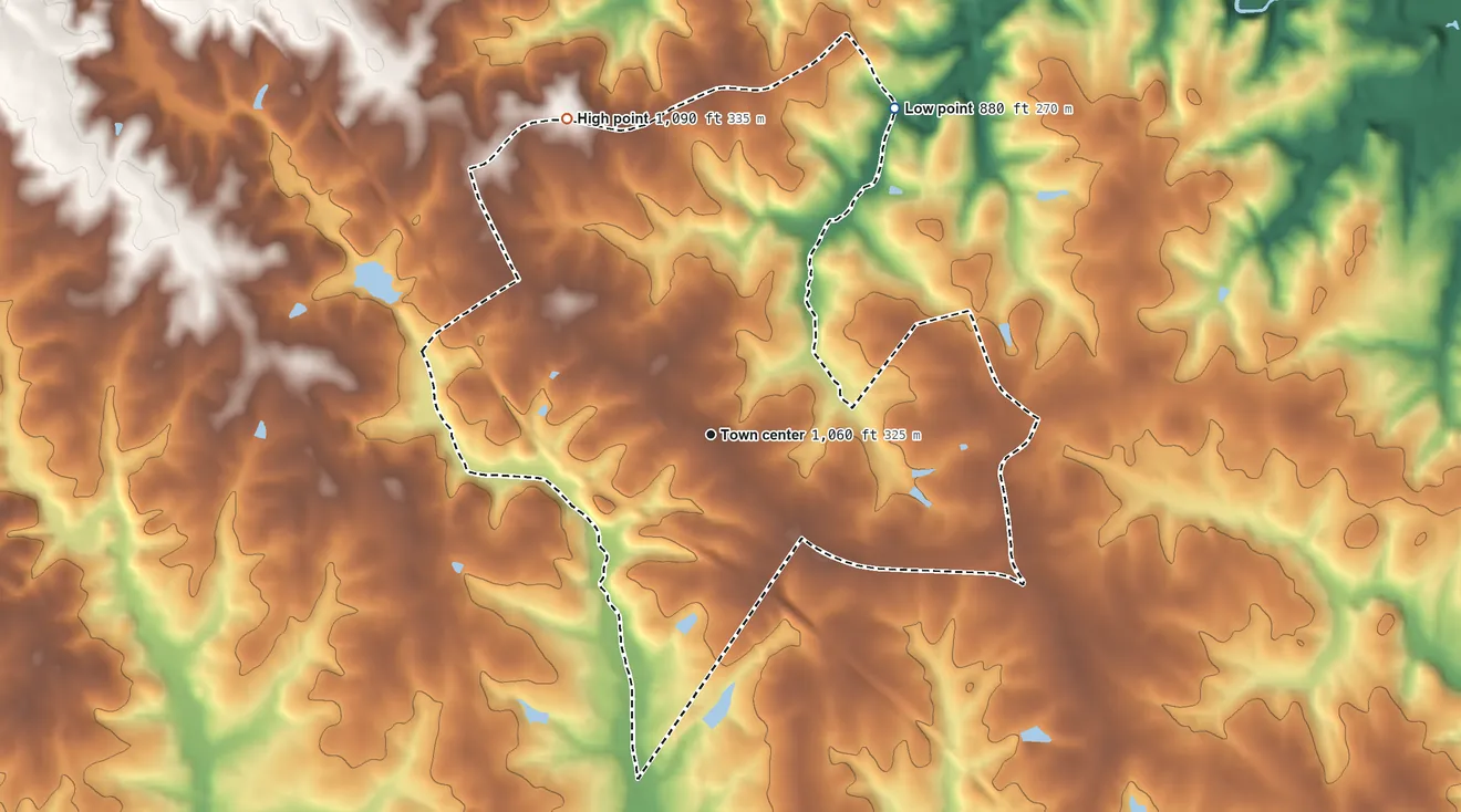 Topographic elevation map of Stony Point, North Carolina, shaded from 880 ft on the northeast side to 1,090 ft on the northwest side