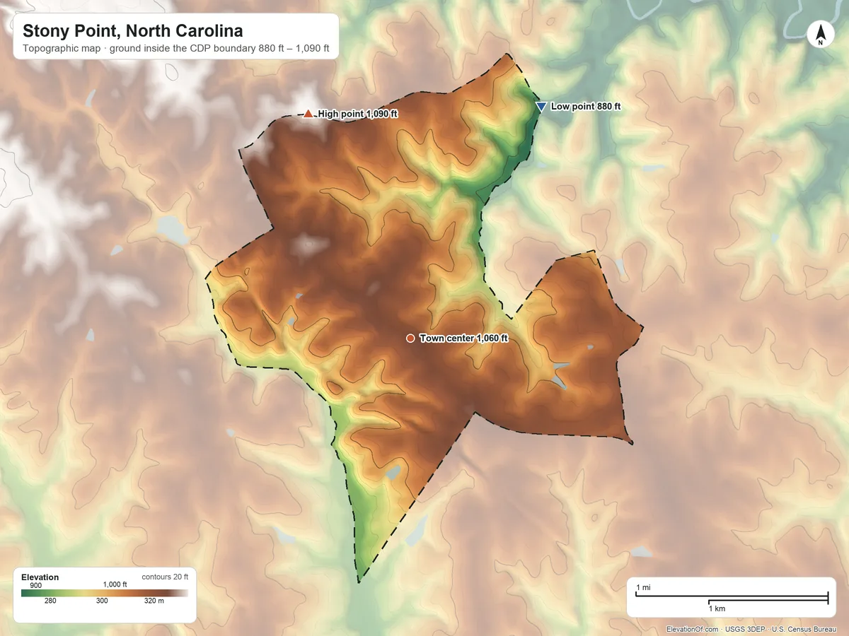 Topographic elevation map of Stony Point, North Carolina, shaded from 880 ft on the northeast side to 1,090 ft on the northwest side