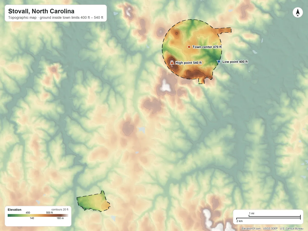 Topographic elevation map of Stovall, North Carolina, shaded from 400 ft on the southeast side to 540 ft near the middle