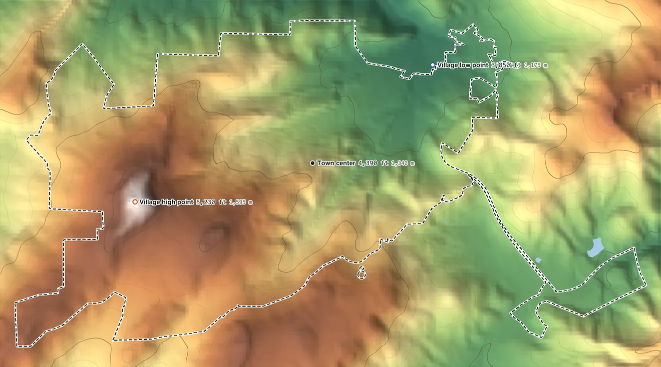 Topographic elevation map of Sugar Mountain, North Carolina, shaded from 3,850 ft on the northeast side to 5,230 ft on Sugar Mountain