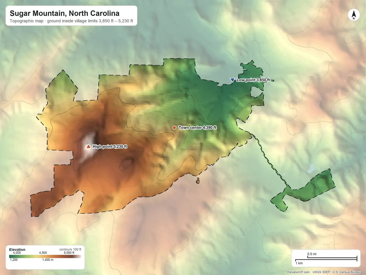 Topographic elevation map of Sugar Mountain, North Carolina, shaded from 3,850 ft on the northeast side to 5,230 ft on Sugar Mountain