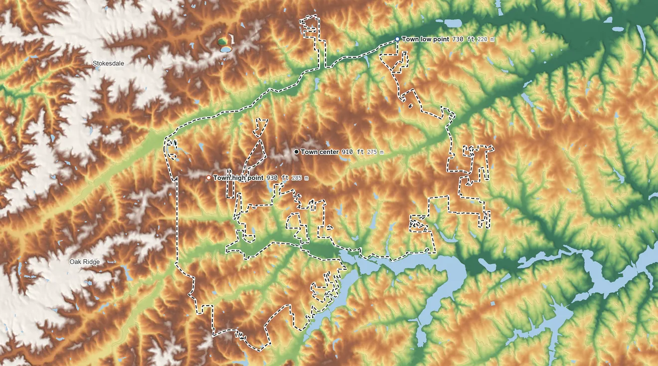 Topographic elevation map of Summerfield, North Carolina, shaded from 730 ft on the northeast side to 930 ft on the west side