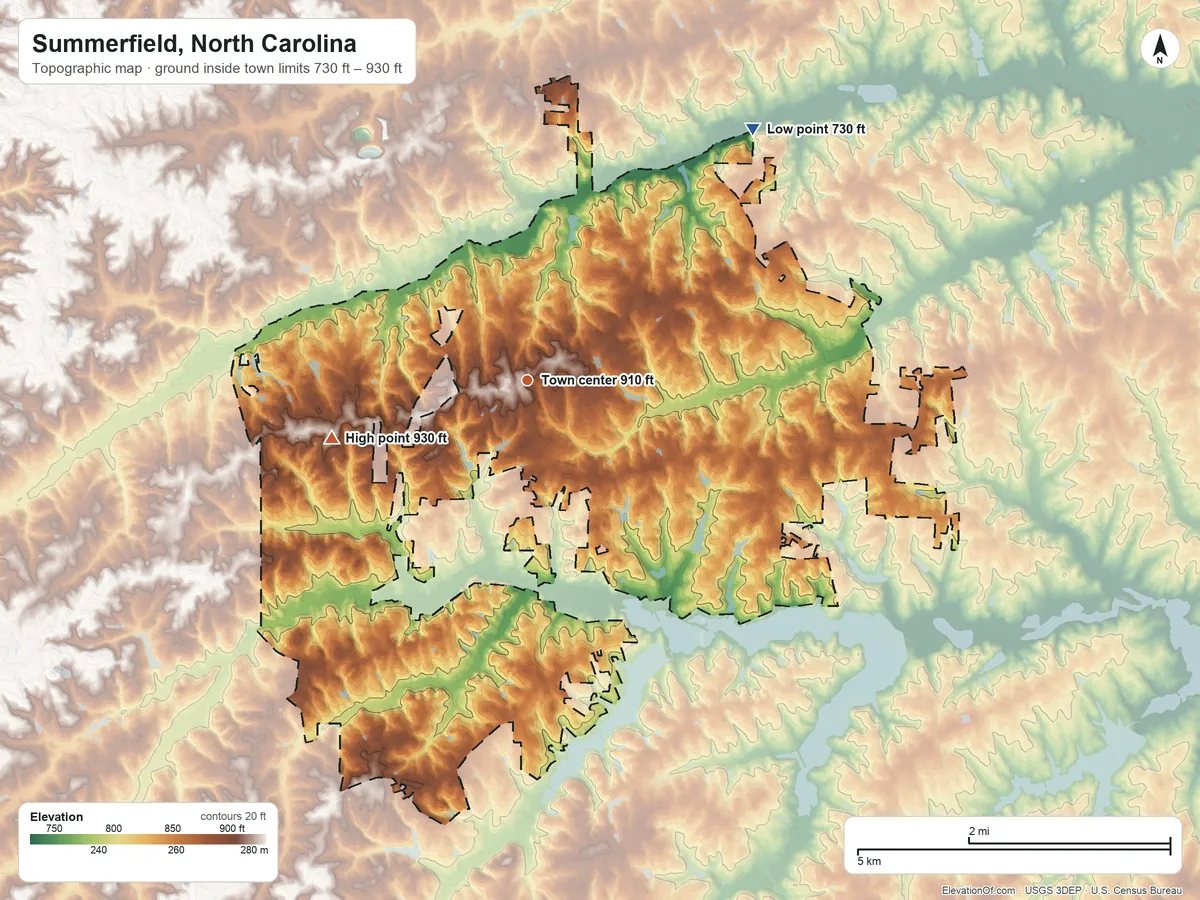Topographic elevation map of Summerfield, North Carolina, shaded from 730 ft on the northeast side to 930 ft on the west side