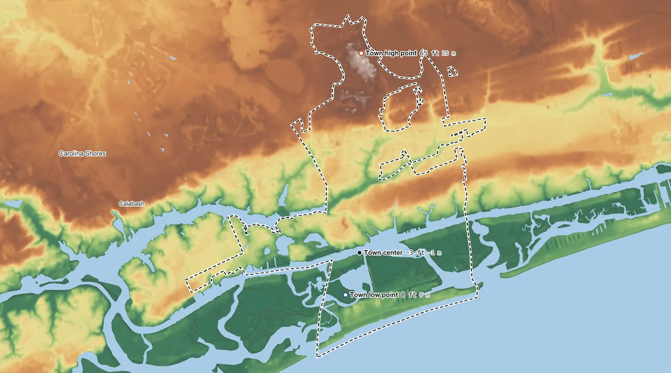 Topographic elevation map of Sunset Beach, North Carolina, shaded from sea level level on Blane Creek to 65 ft on the north side