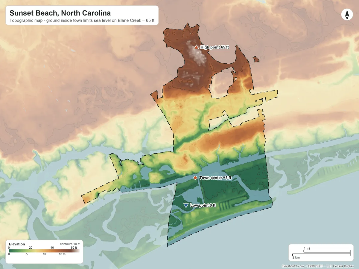 Topographic elevation map of Sunset Beach, North Carolina, shaded from sea level level on Blane Creek to 65 ft on the north side