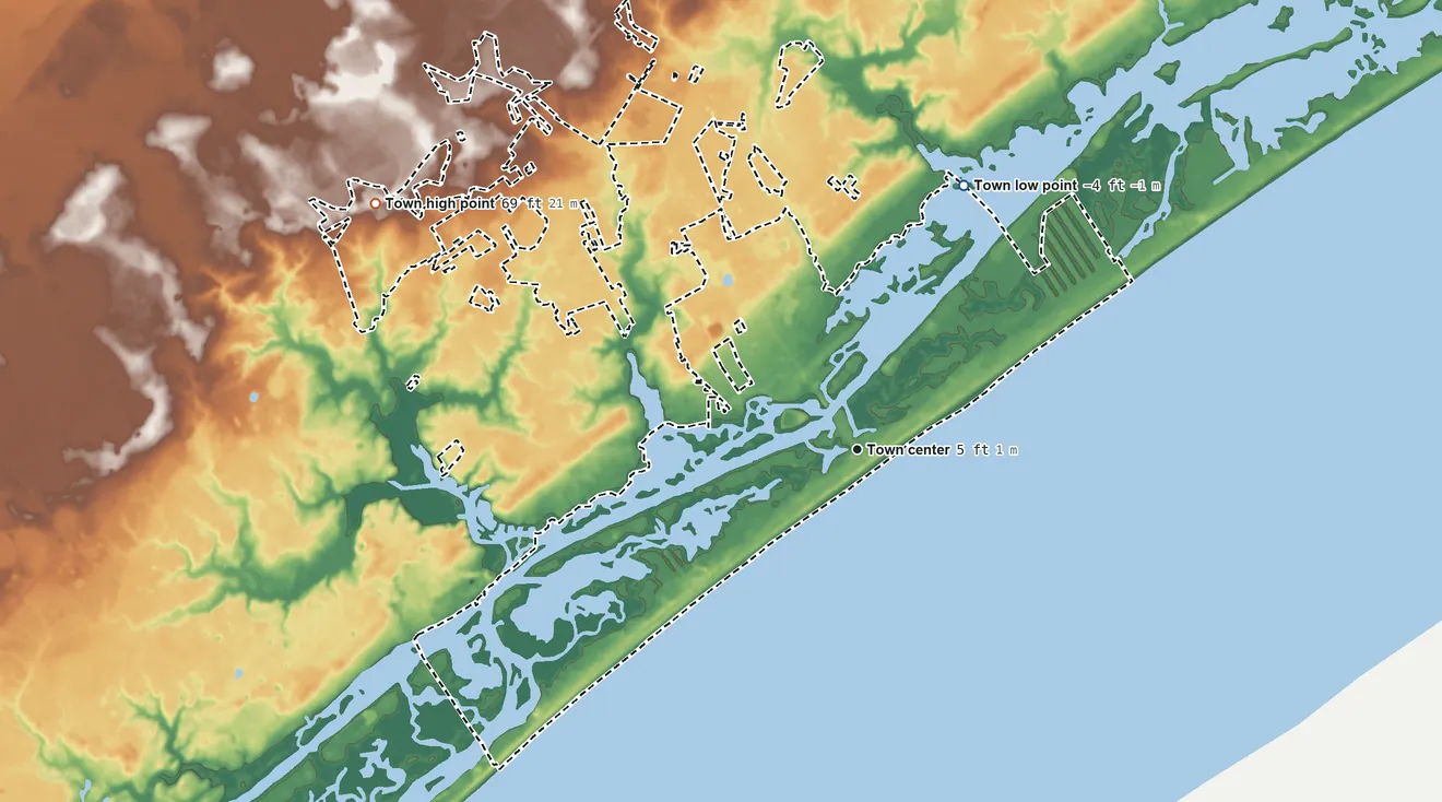 Topographic elevation map of Surf City, North Carolina, shaded from −4 ft on the north side to 69 ft on the northwest side