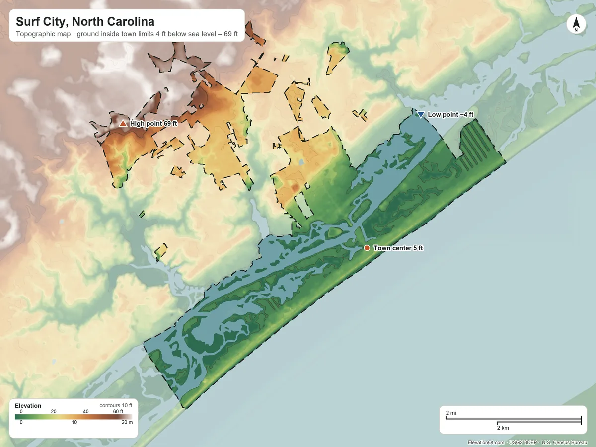 Topographic elevation map of Surf City, North Carolina, shaded from −4 ft on the north side to 69 ft on the northwest side