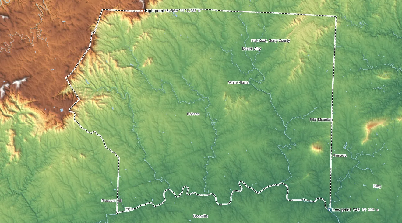 Topographic elevation map of Surry County, North Carolina, shaded from 740 ft on the southeast side to 3,560 ft on the northwest side