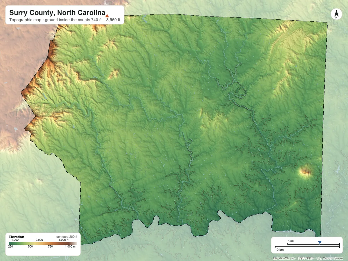 Topographic elevation map of Surry County, North Carolina, shaded from 740 ft on the southeast side to 3,560 ft on the northwest side