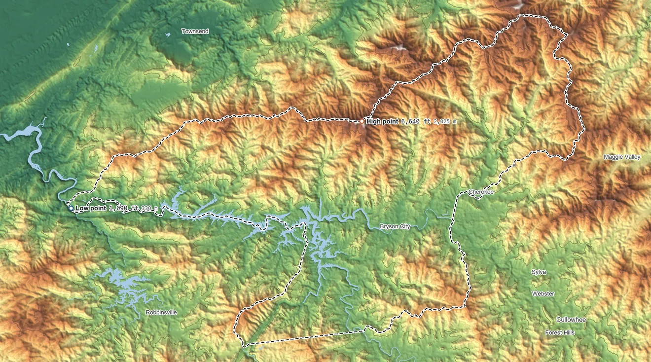 Topographic elevation map of Swain County, North Carolina, shaded from 1,090 ft on the west side to 6,640 ft on Kuwohi