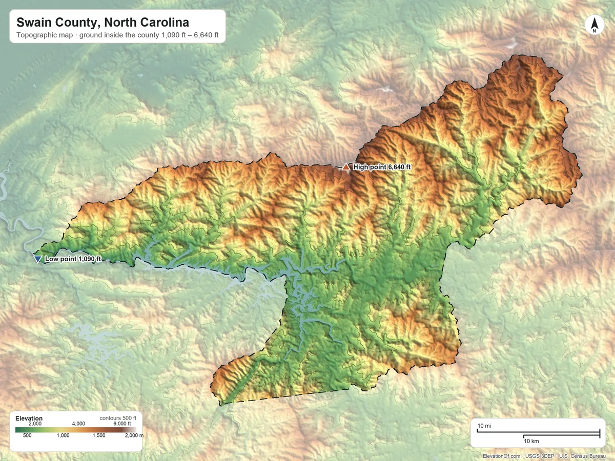 Topographic elevation map of Swain County, North Carolina, shaded from 1,090 ft on the west side to 6,640 ft on Kuwohi