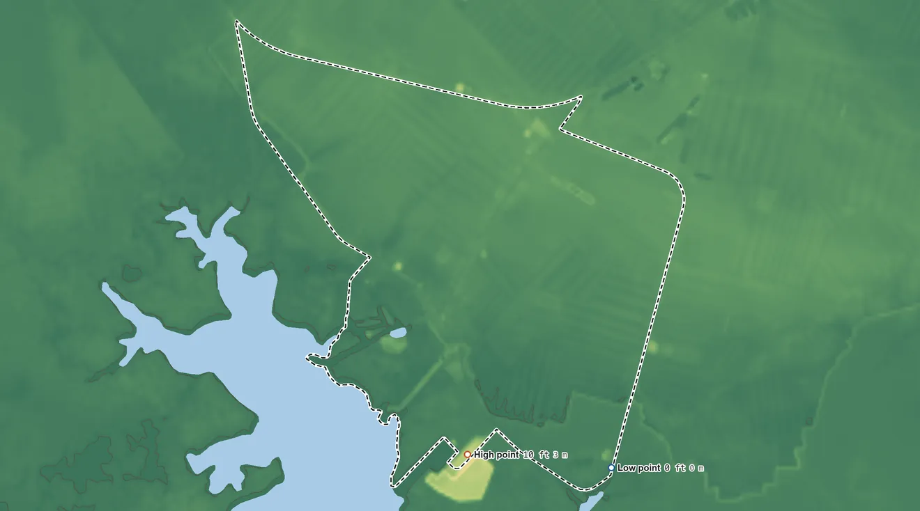 Topographic elevation map of Swan Quarter, North Carolina, shaded from sea level level on Oyster Creek to 10 ft on the south side