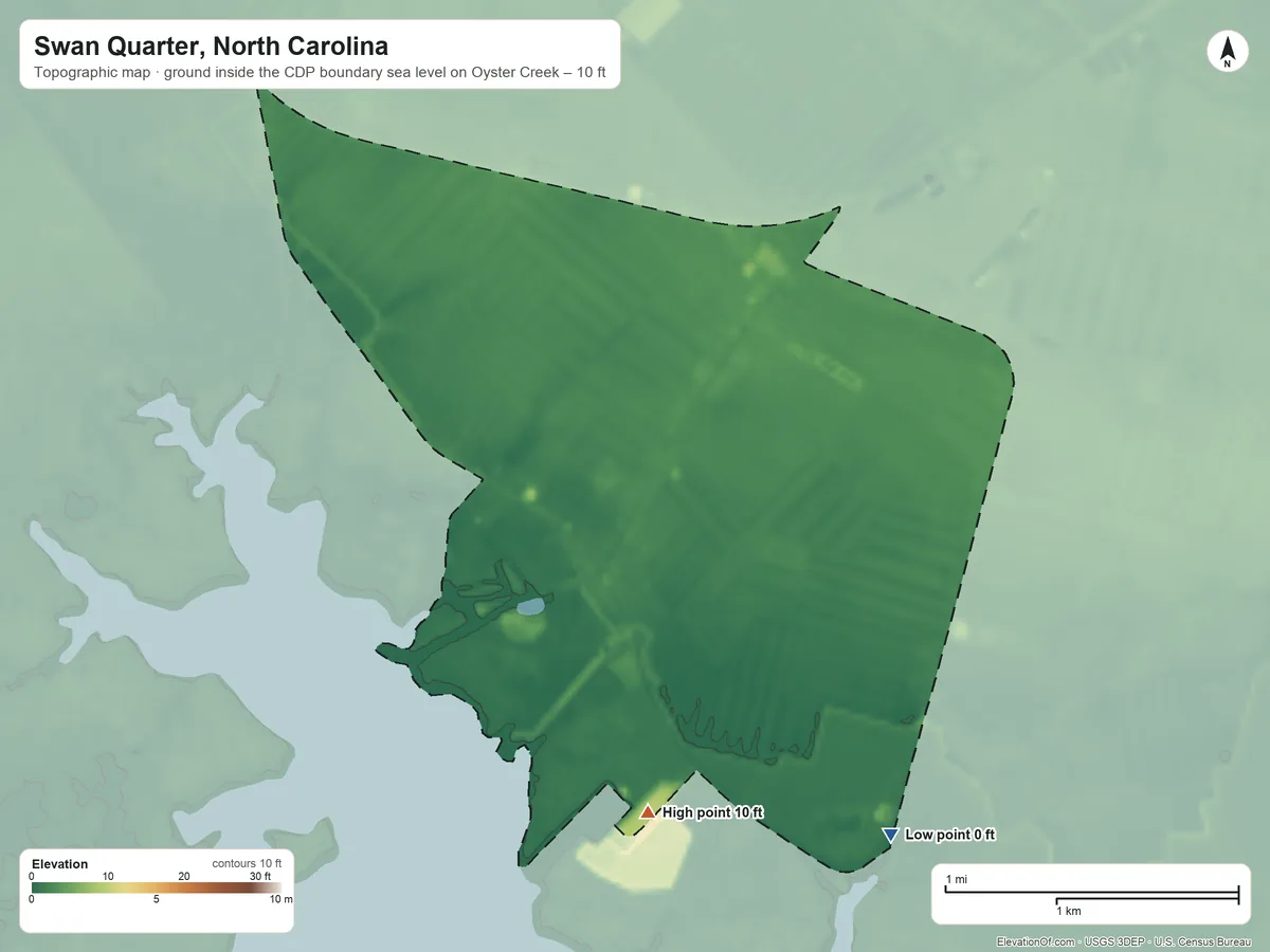 Topographic elevation map of Swan Quarter, North Carolina, shaded from sea level level on Oyster Creek to 10 ft on the south side
