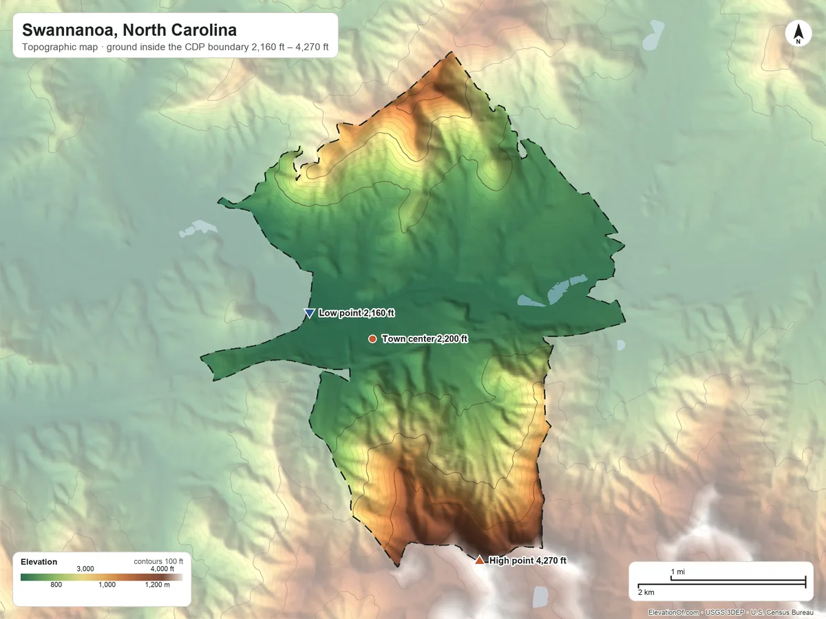 Topographic elevation map of Swannanoa, North Carolina, shaded from 2,160 ft on the west side to 4,270 ft on the southeast edge, below higher ground just outside