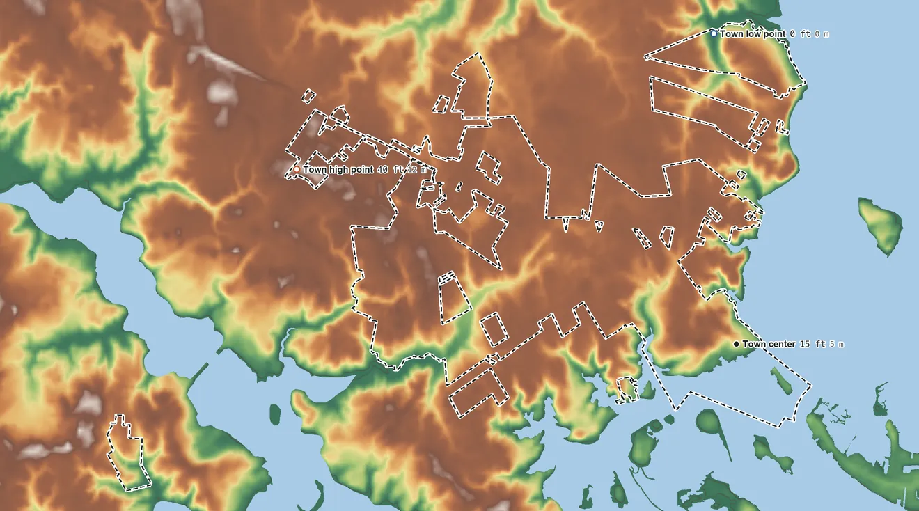 Topographic elevation map of Swansboro, North Carolina, shaded from 0 ft on the north side to 40 ft on the west side