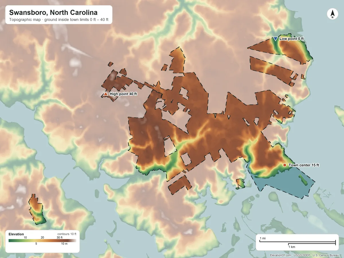 Topographic elevation map of Swansboro, North Carolina, shaded from 0 ft on the north side to 40 ft on the west side