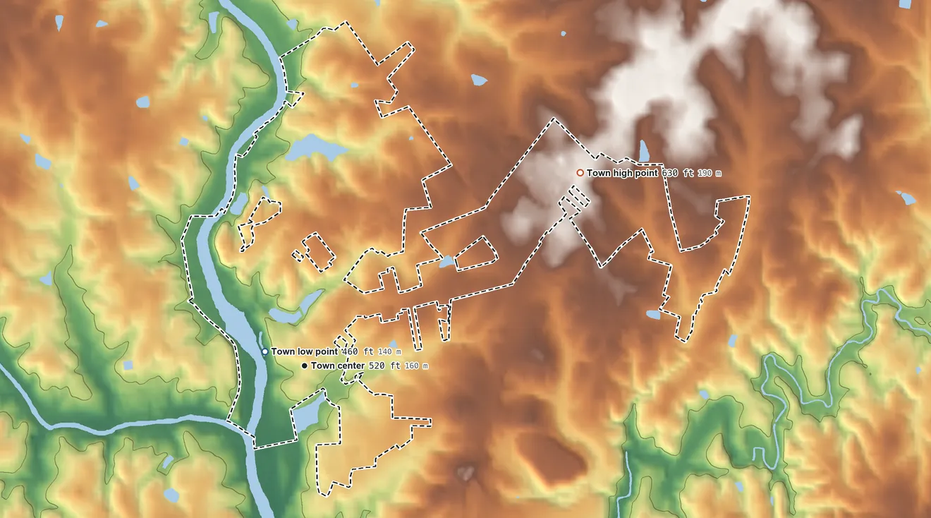 Topographic elevation map of Swepsonville, North Carolina, shaded from 460 ft near the middle to 630 ft on the northeast side