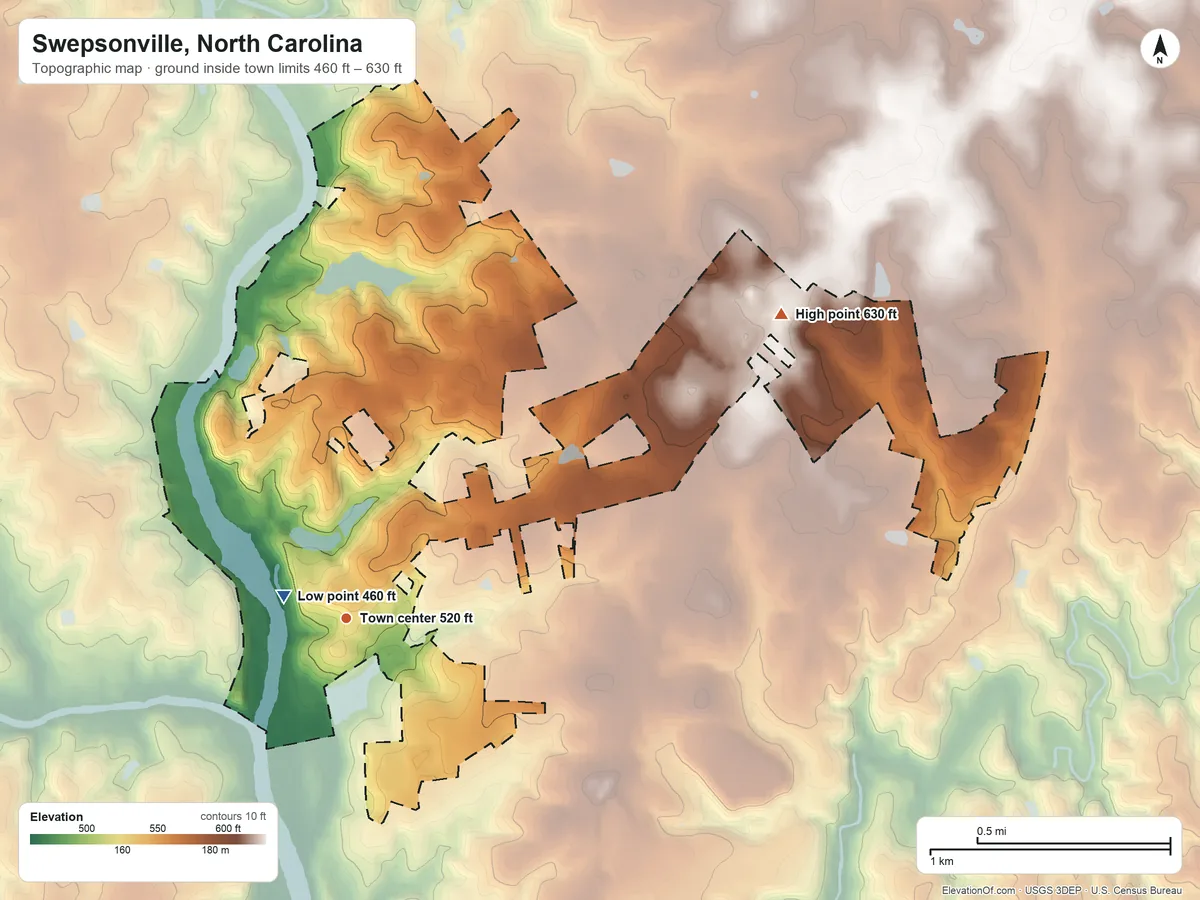 Topographic elevation map of Swepsonville, North Carolina, shaded from 460 ft near the middle to 630 ft on the northeast side