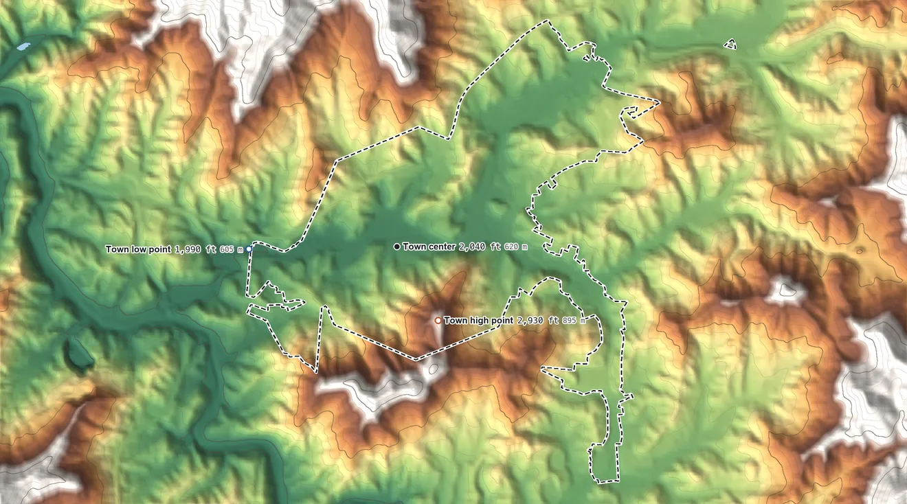 Topographic elevation map of Sylva, North Carolina, shaded from 1,990 ft on the west side to 2,930 ft at the foot of the Great Balsam Mountains