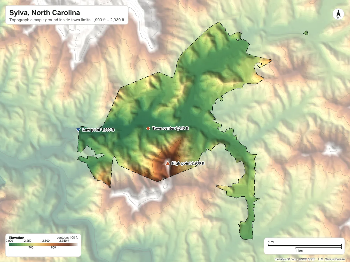 Topographic elevation map of Sylva, North Carolina, shaded from 1,990 ft on the west side to 2,930 ft at the foot of the Great Balsam Mountains