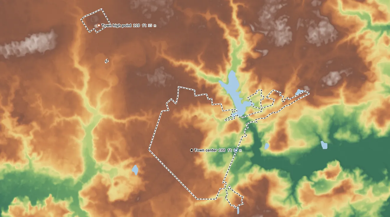 Topographic elevation map of Tabor City, North Carolina, shaded from 67 ft on the east side to 110 ft on the northwest side