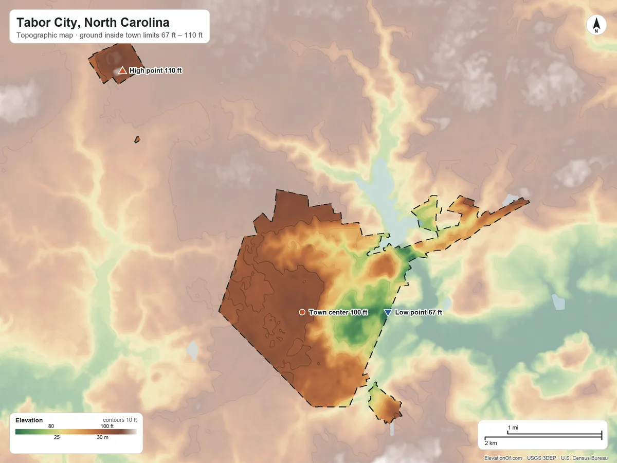 Topographic elevation map of Tabor City, North Carolina, shaded from 67 ft on the east side to 110 ft on the northwest side