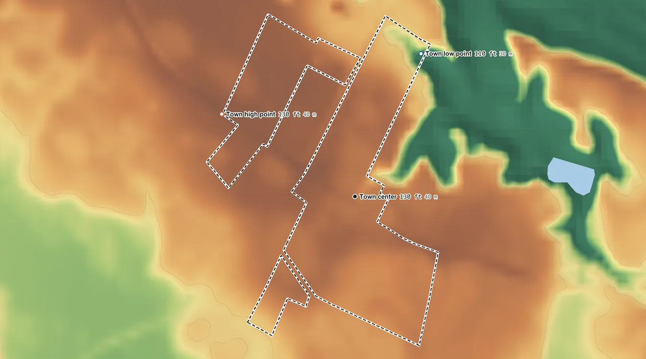 Topographic elevation map of Tar Heel, North Carolina, shaded from 110 ft on the northeast side to 130 ft on the northwest side