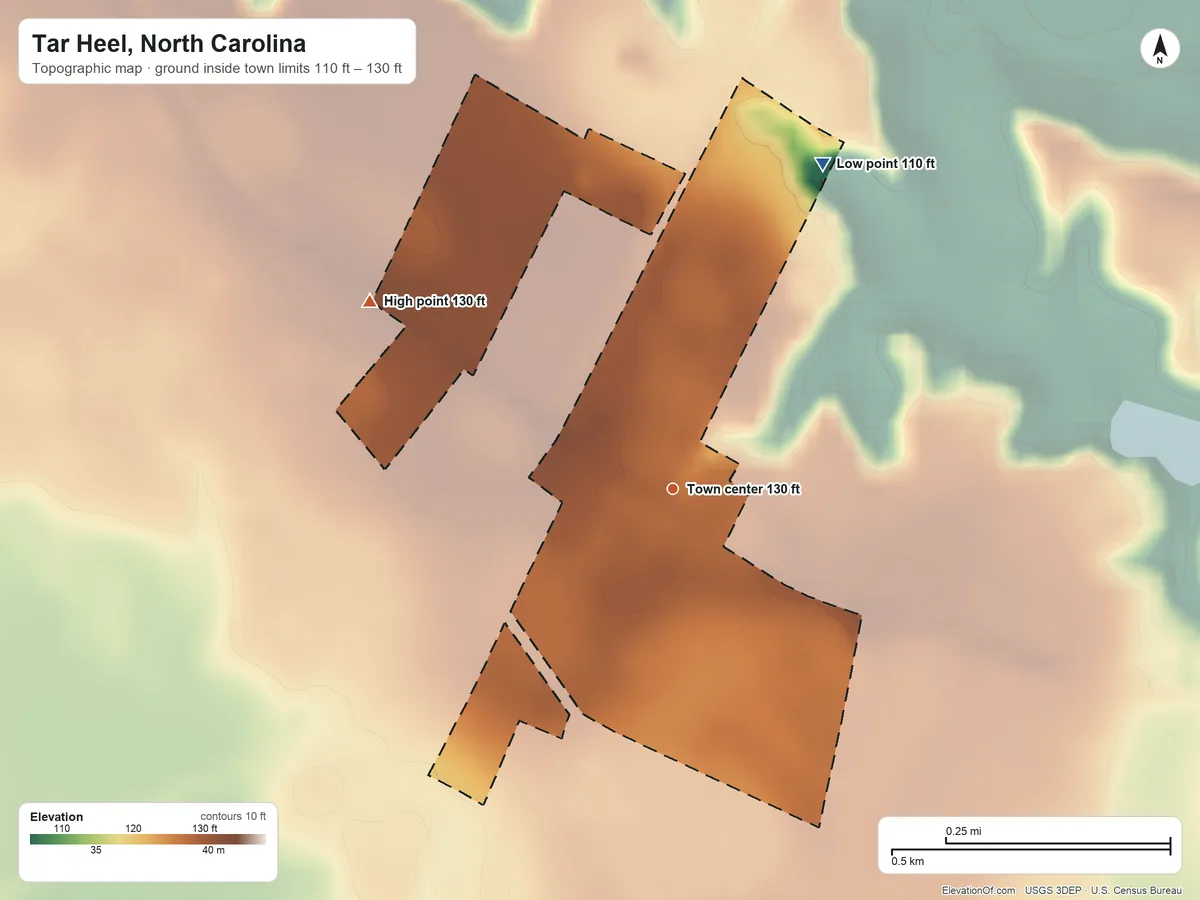Topographic elevation map of Tar Heel, North Carolina, shaded from 110 ft on the northeast side to 130 ft on the northwest side