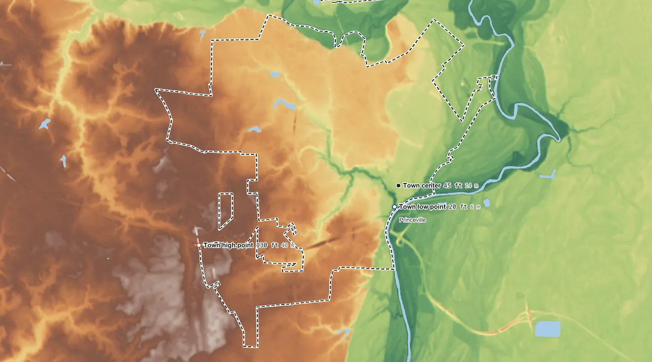 Topographic elevation map of Tarboro, North Carolina, shaded from 20 ft near the middle to 130 ft on the west side