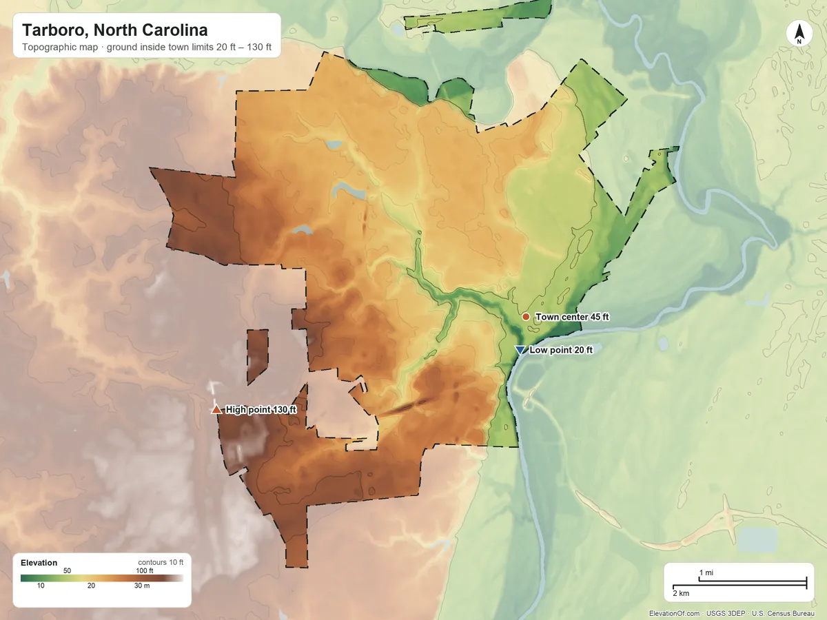 Topographic elevation map of Tarboro, North Carolina, shaded from 20 ft near the middle to 130 ft on the west side