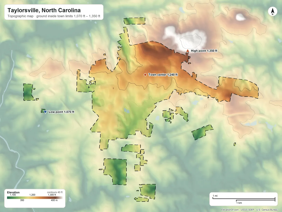 Topographic elevation map of Taylorsville, North Carolina, shaded from 1,070 ft on the west side to 1,350 ft on the northeast edge, below higher ground just outside