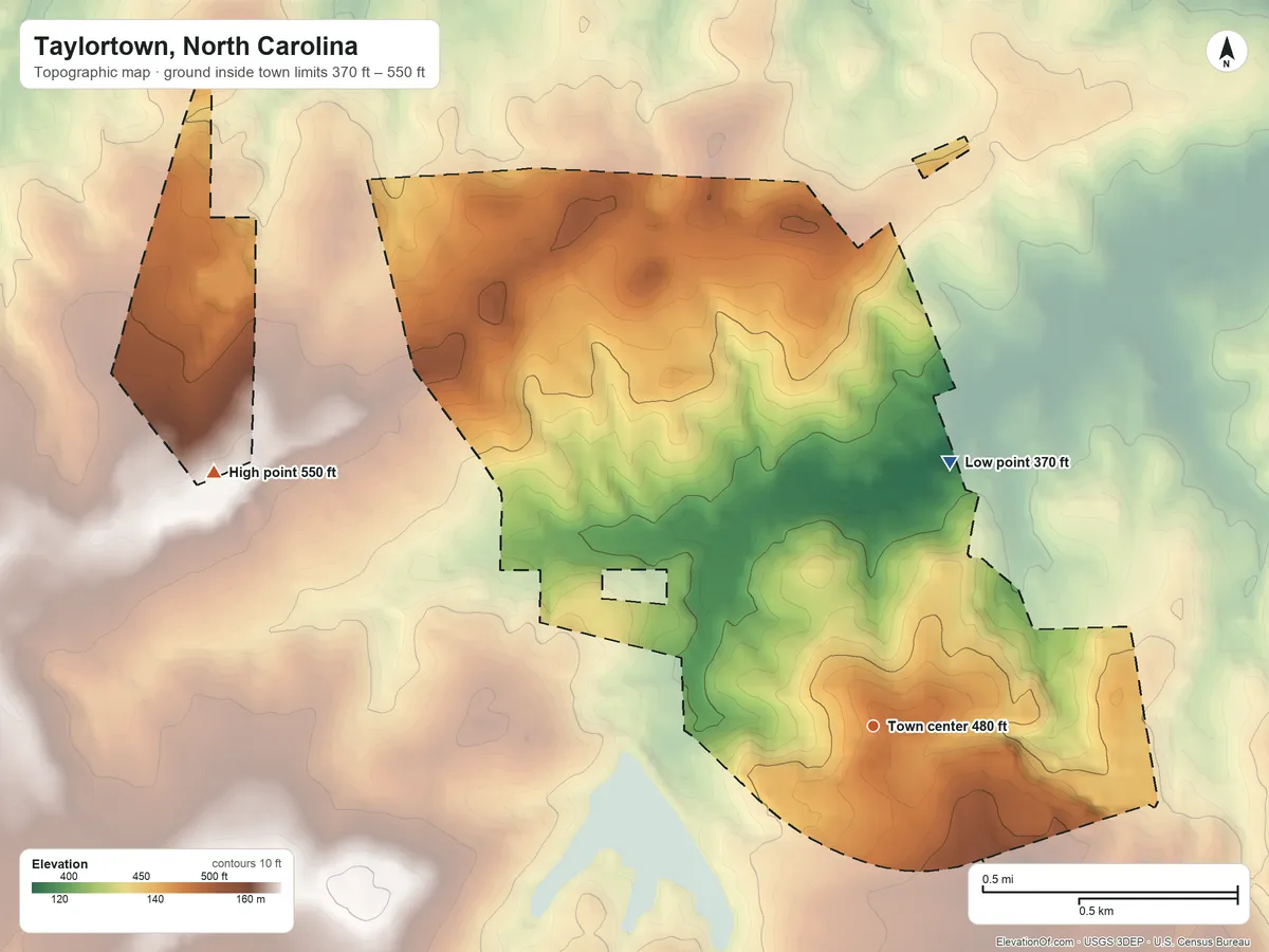 Topographic elevation map of Taylortown, North Carolina, shaded from 370 ft on the north side to 550 ft on the west side
