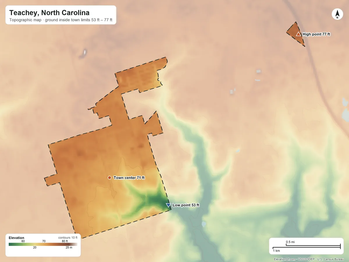 Topographic elevation map of Teachey, North Carolina, shaded from 53 ft on the southeast side to 77 ft on the northeast side