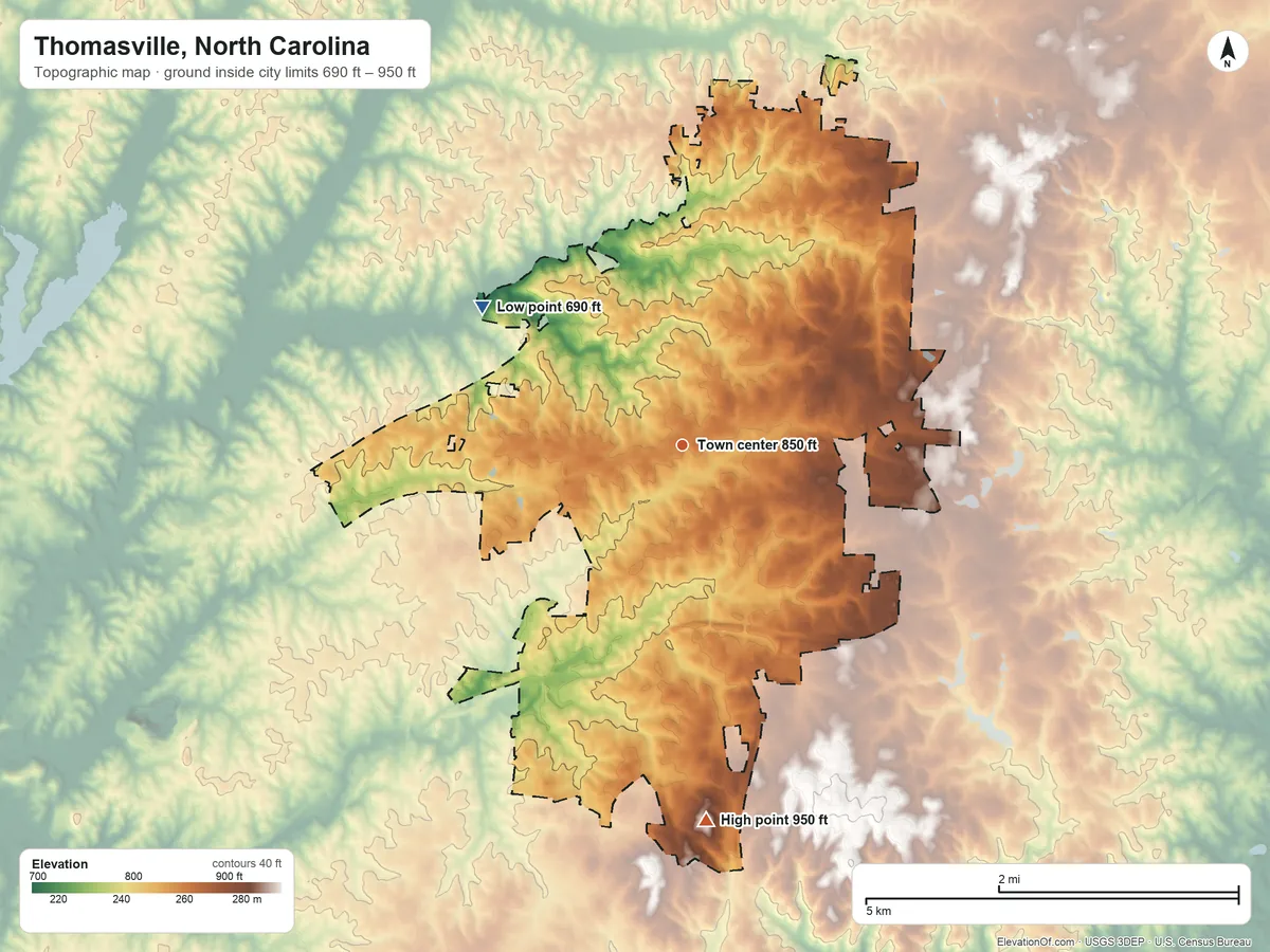 Topographic elevation map of Thomasville, North Carolina, shaded from 690 ft on the northwest side to 950 ft on the south side