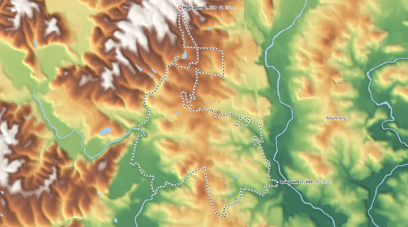 Topographic elevation map of Toast, North Carolina, shaded from 1,000 ft on the southeast side to 1,220 ft on the north side