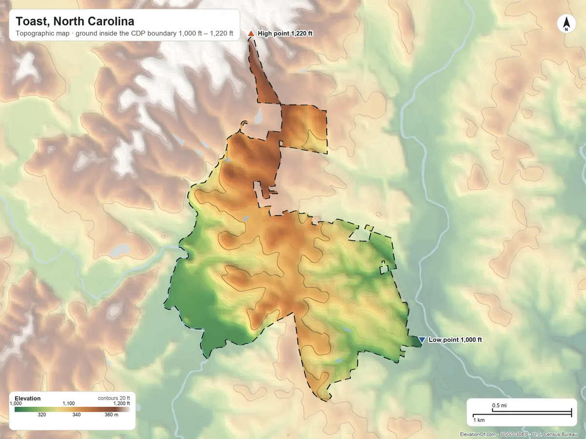 Topographic elevation map of Toast, North Carolina, shaded from 1,000 ft on the southeast side to 1,220 ft on the north side