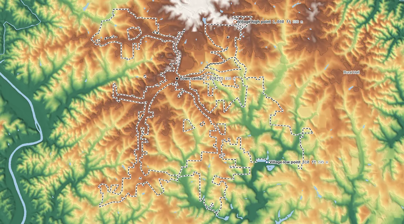 Topographic elevation map of Tobaccoville, North Carolina, shaded from 810 ft on the southeast side to 1,080 ft on the northeast side